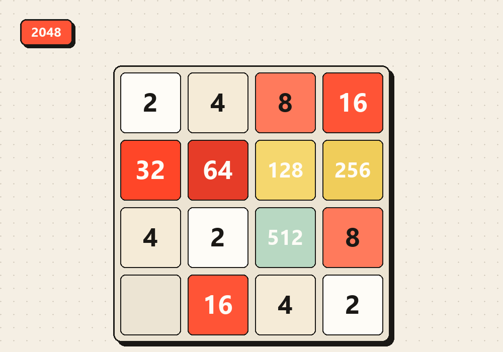 Screenshot of the 2048 board with numbered tiles from 2 up to 512 on the 4×4 grid on SimpleGames.online