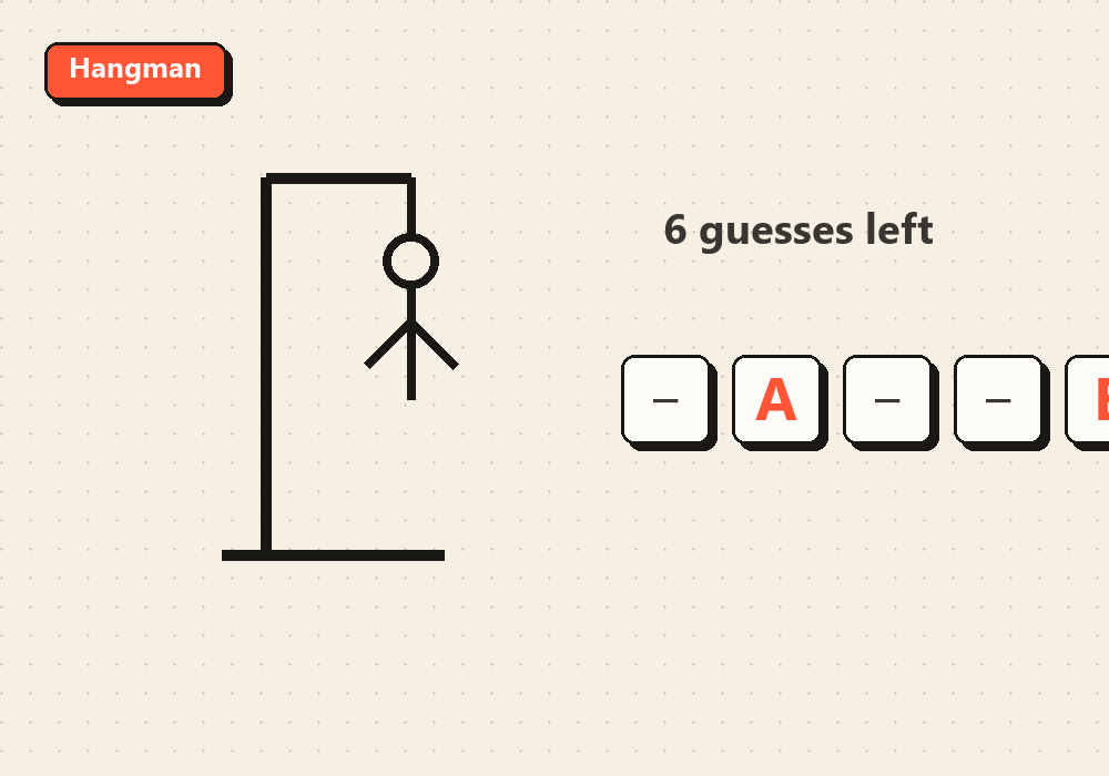 Screenshot of the Hangman screen with the gallows drawing and a partly-revealed word on SimpleGames.online