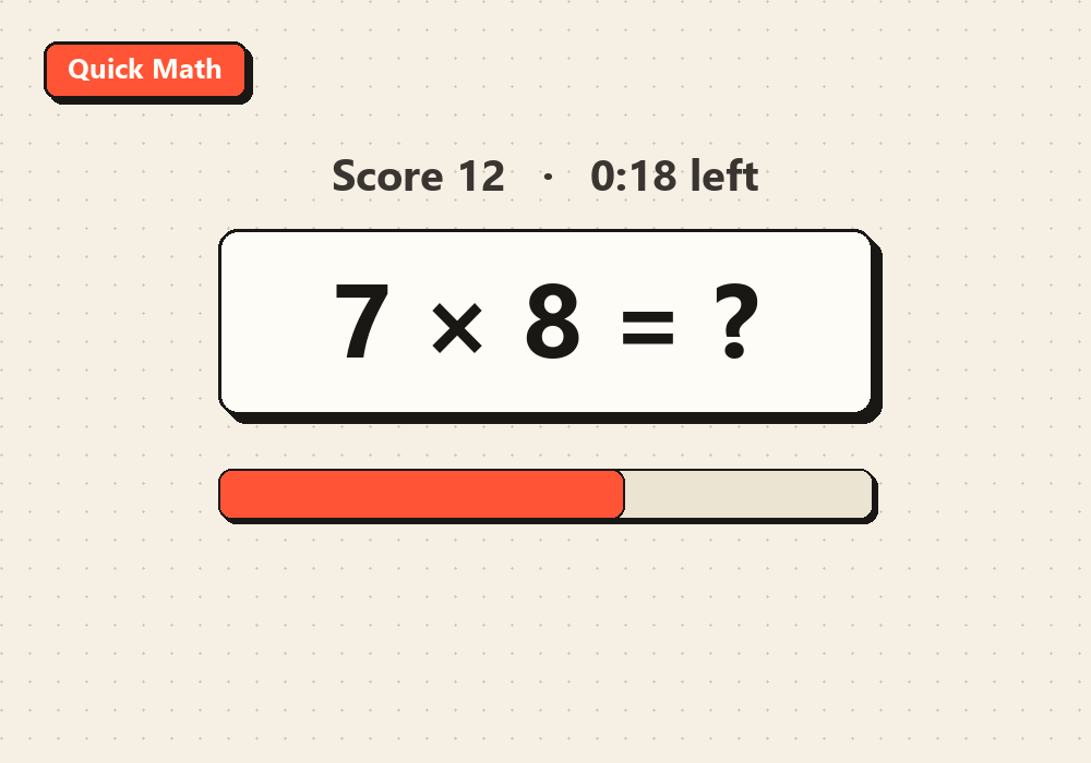 Screenshot of the Quick Math screen showing the problem 7 × 8 with a countdown timer bar on SimpleGames.online