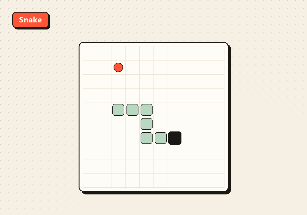 Screenshot of the Snake game grid with the green snake and a red food pellet on SimpleGames.online