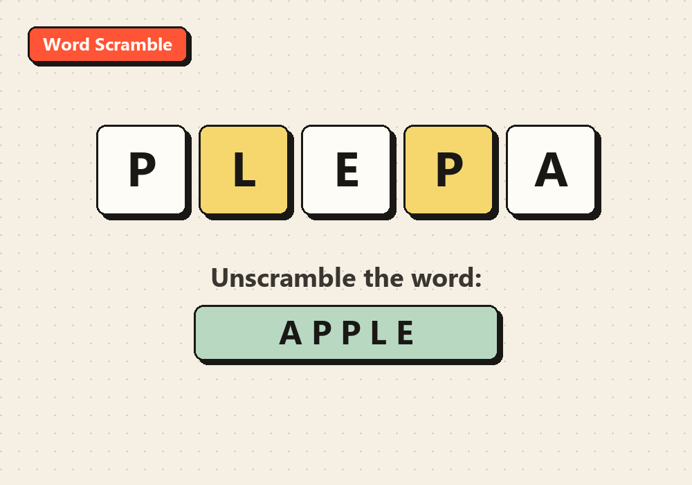 Screenshot of the Word Scramble screen with jumbled letter tiles spelling out a hidden word on SimpleGames.online